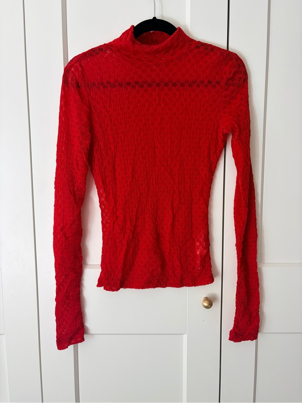 Frame Cherry Red Sheer Mesh Lace Sheer Turtleneck Long Sleeve Top | XS - Picture 2 of 5